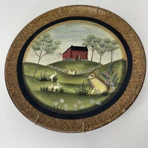 Handpainted Wood Decorative Plate Country Rabbits House American Flag Wall Hang
